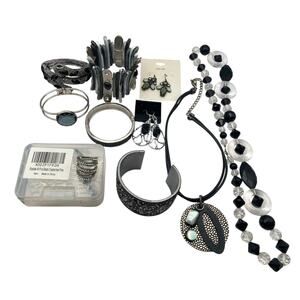 Women's Jewelry Lot Black and Silver Bracelets Ring Necklaces Earrings hair pins